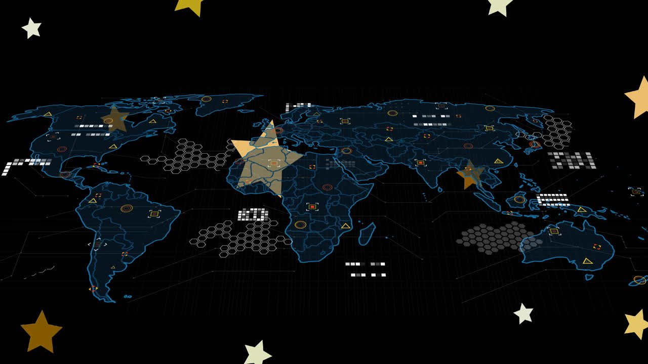 Digital data points and star patterns forming animation on world map background