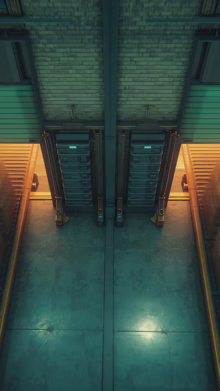 Vertical video: Dolly camera revealing stacked panels to show upper bricks in corridor, teal lights