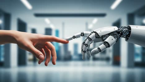 a stunning visual representation of human-robot interaction: the moment of connection between human touch and robotic precision in a futuristic setting
