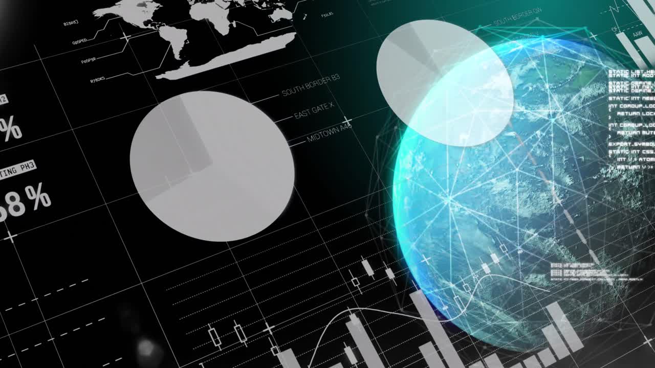 Animation of data processing and network of connections over globe on black background