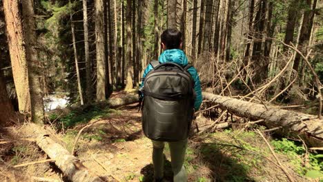 Hiking-woman-walk-with-a-hiking-backpack-in-spring-green-forest