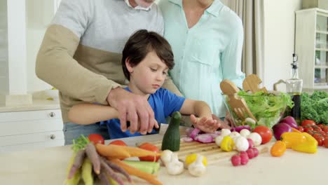 padres ayudando a su hijo a cortar verduras