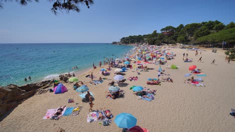 Beautiful-Mediterranean-beach-of-the-Costa-Brava-Girona-leafy-green-vegetation-and-turquoise-blue-sea