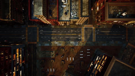 aerial view of a city intersection at twilight