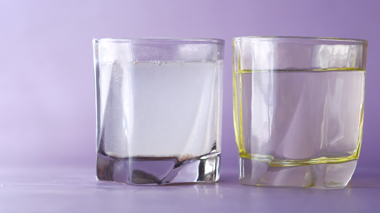 comparando el comedor sucio y limpio sobre un fondo púrpura ,