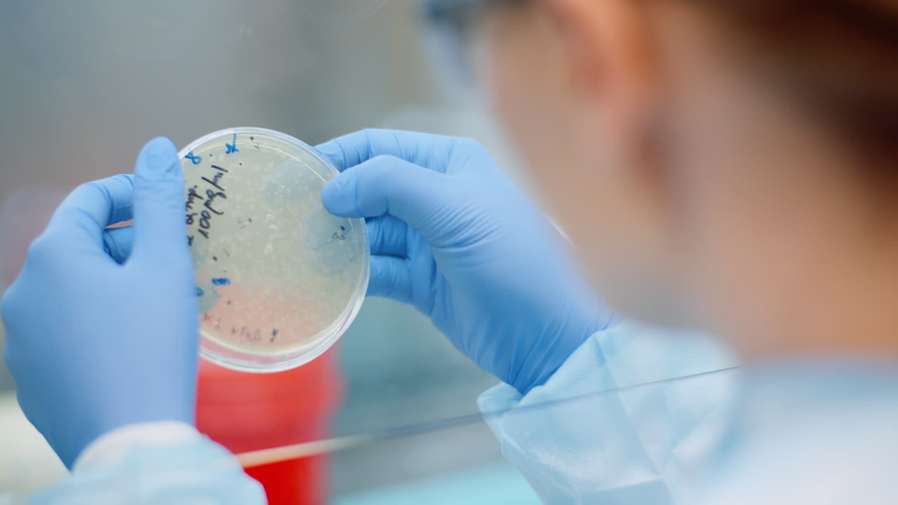 scienziato che esamina i batteri nella capsula di petri al laboratorio 2