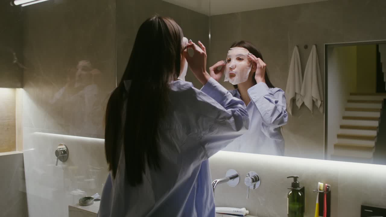 mujer aplicando máscara facial en el baño