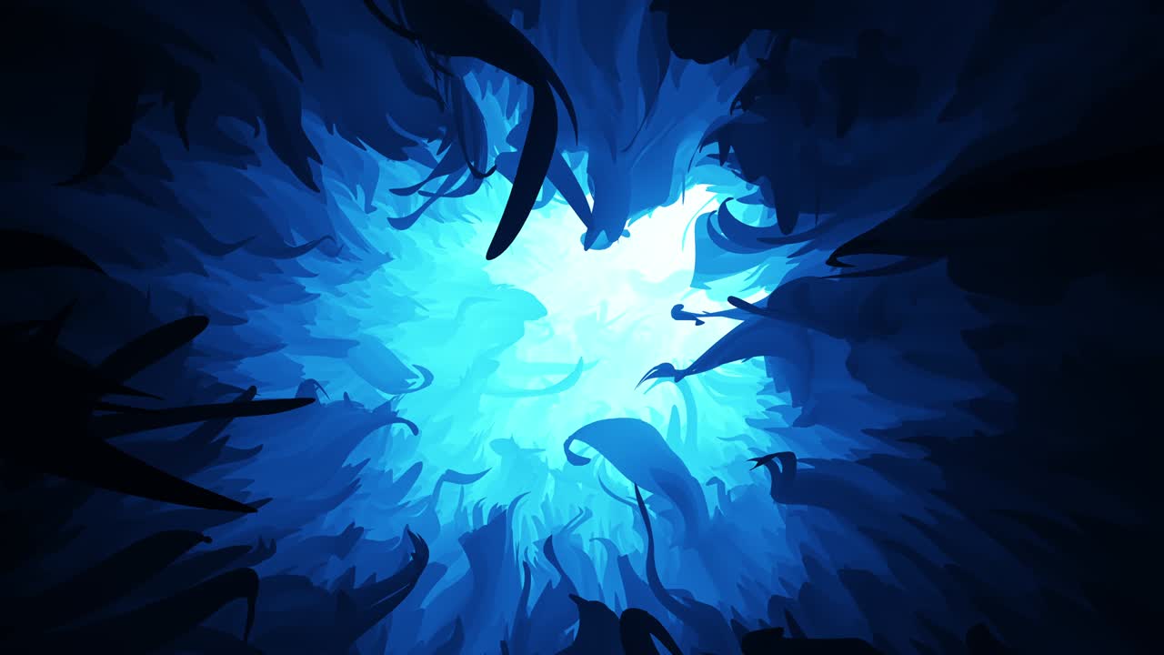 blue underwater floral tunnel with light at the end with wavy plants