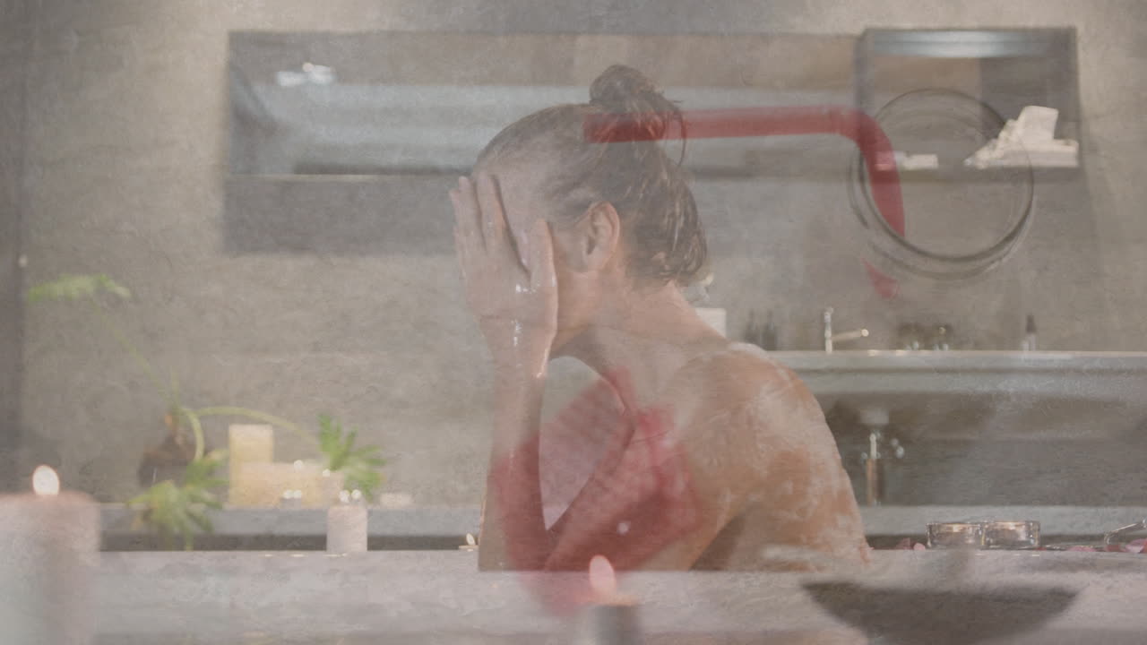 Woman washing face in bathroom with red pipe overlay animation