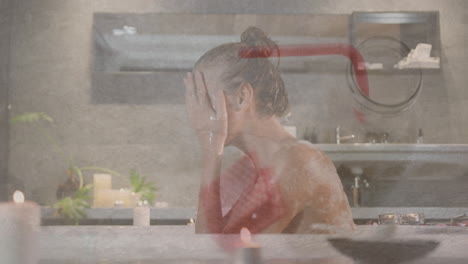 woman washing face in bathroom with red pipe overlay animation