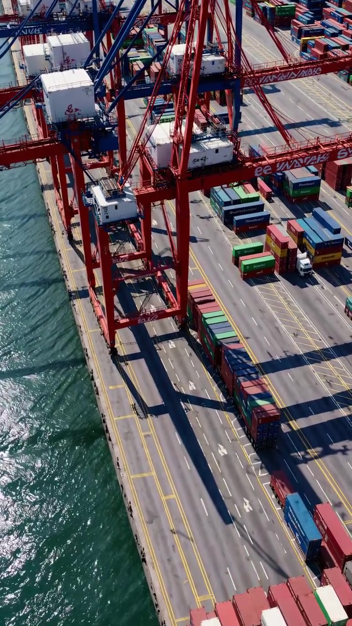 Aerial View of Large Container Port with Loading Cranes