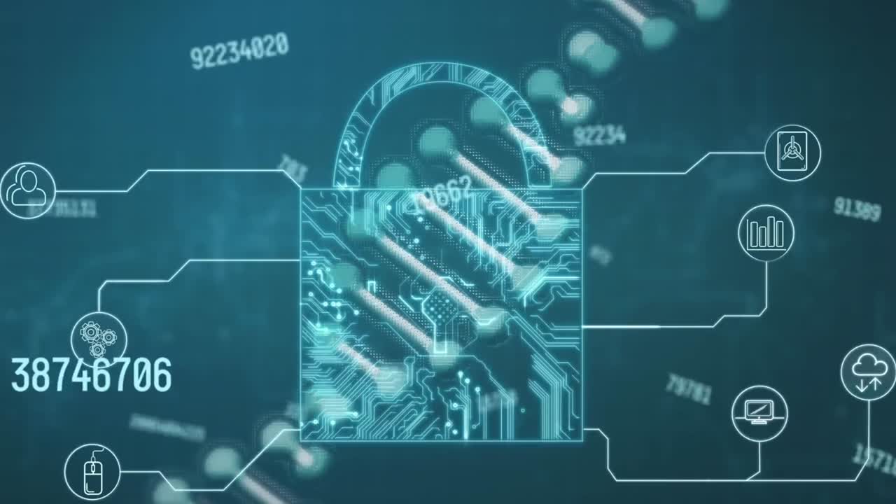 animación de la cadena de adn y el candado sobre fondo azul