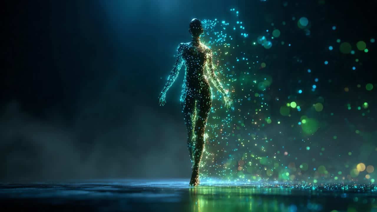 A Glimmering Figure Emerges from a Sea of Light: The Transformation of a Digital Being in a Dazzling Array of Particles and Sparkling Colors