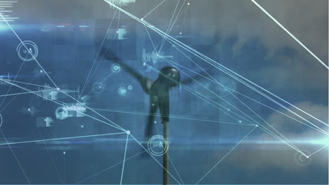 animation of network of connections with icons over wind turbine