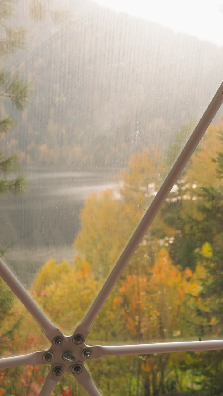 vista al río desde la terraza de vidrio. alojamiento glamping moderno para descansar disfrutando de la vista tranquila de la naturaleza de otoño. casa de campo cerca del río para alquilar
