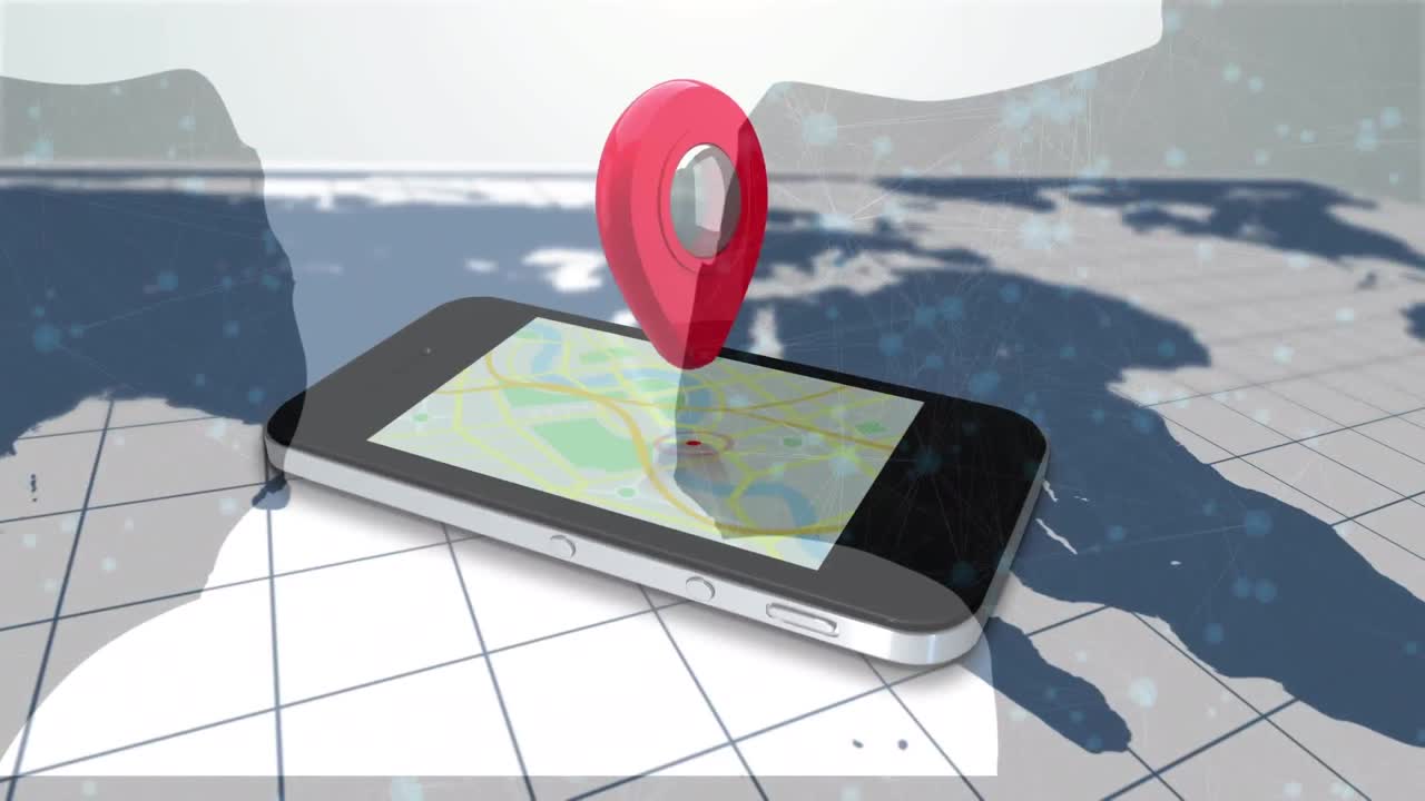 animación de pin de ubicación girando sobre el teléfono celular en el mapa del mundo sobre las moléculas.