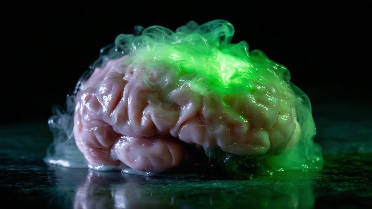 Una rappresentazione surreale di un cervello che emerge da un vivace fumo verde, catturata in due fotogrammi che illustrano un'esperienza visiva unica e accattivante di coscienza e percezione