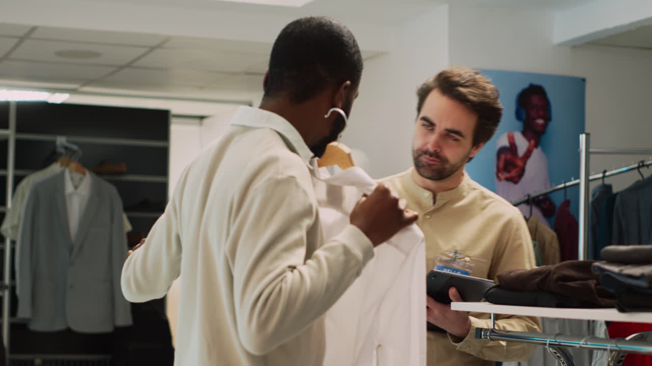 Customer interacting with sales associate in clothing store