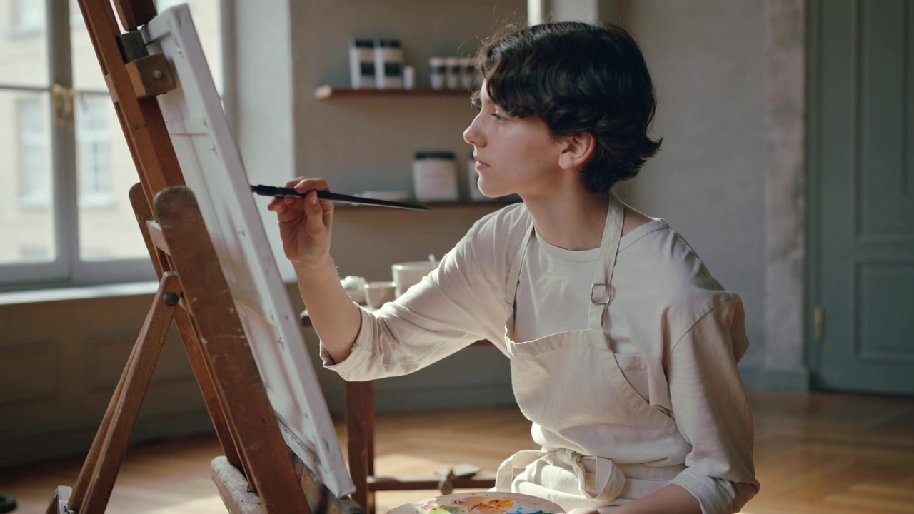 En ung kunstner vælger farver på paletten, dypper penslen og arbejder på et lærred i et atelier, iført et beige forklæde.