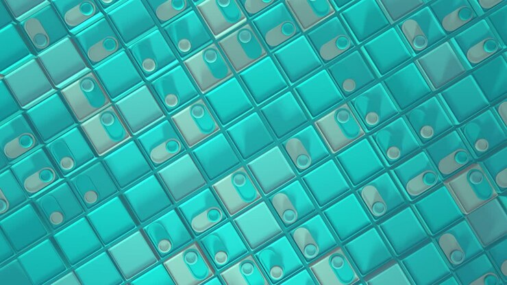 3d rendering of looped animation with geometric shapes. Endless animation. A satisfying calm video with a change in shape. Sliders switches on. Turquoise minimalism color. top view