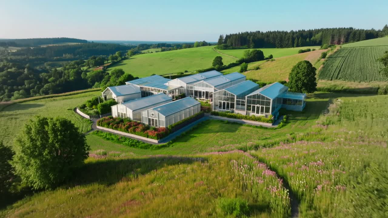 Drone initiating smooth descent over rural fields, capturing greenhouse cluster and flowerbeds