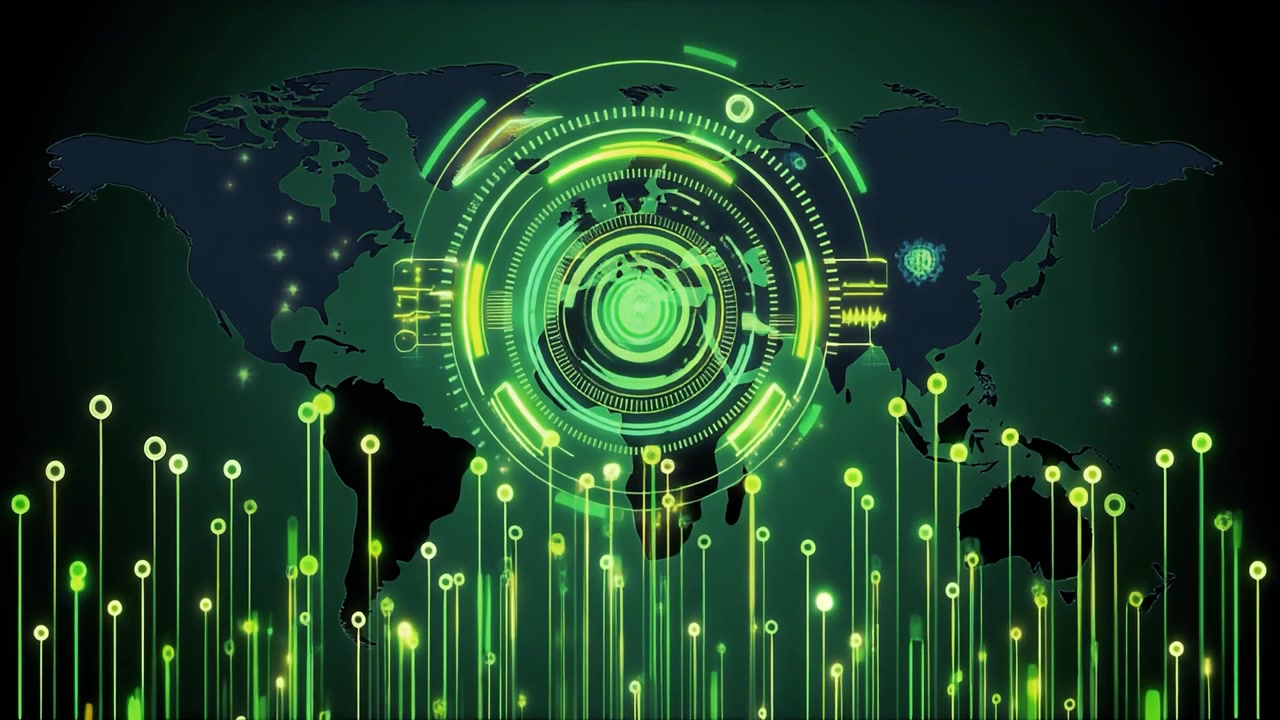 Digital World Map with Glowing Data Network and HUD Interface