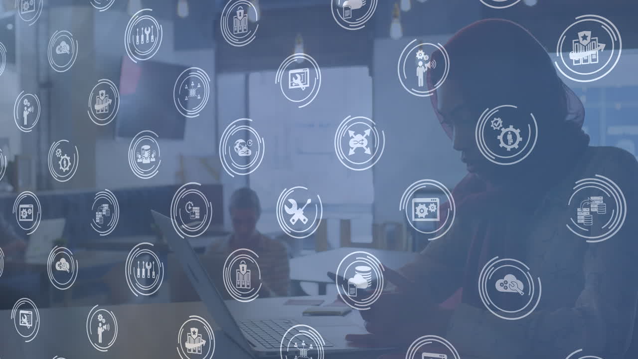 Animation of connections with technology icons over biracial woman using smartphone