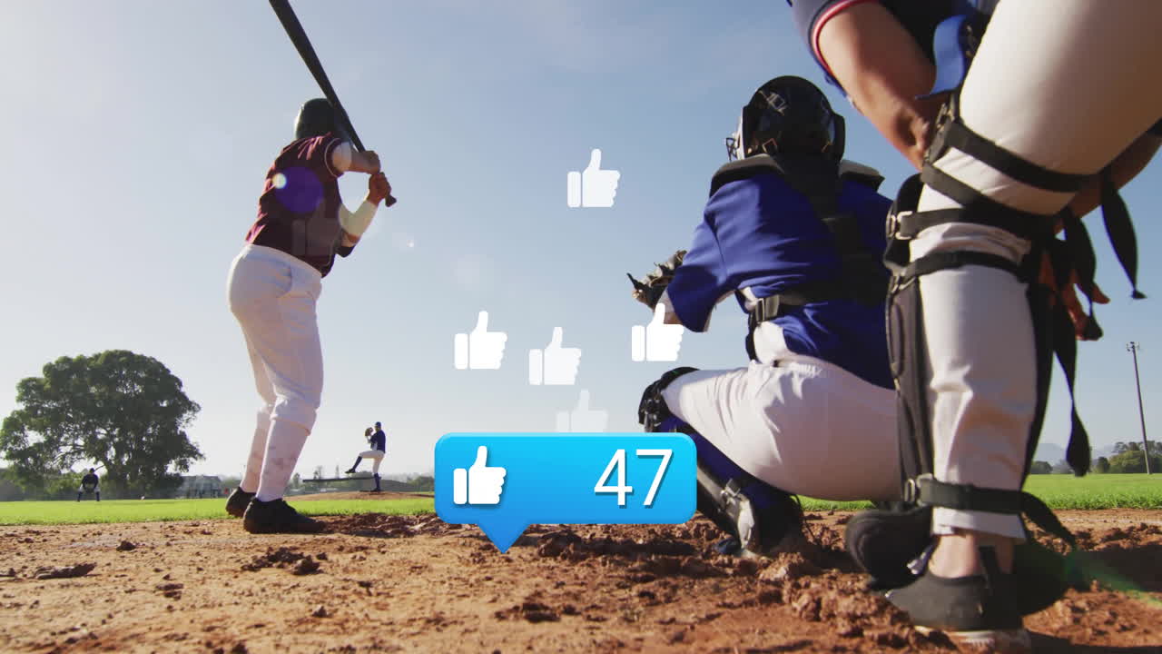 Baseball players on field with social media likes animation overlay
