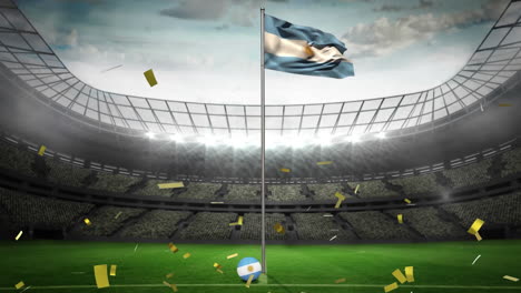 animación de confeti y bandera de argentina en el campo verde sobre la luz flash en el estadio