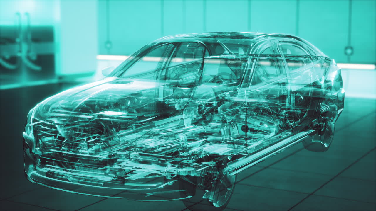 coche transparente con motor en el laboratorio