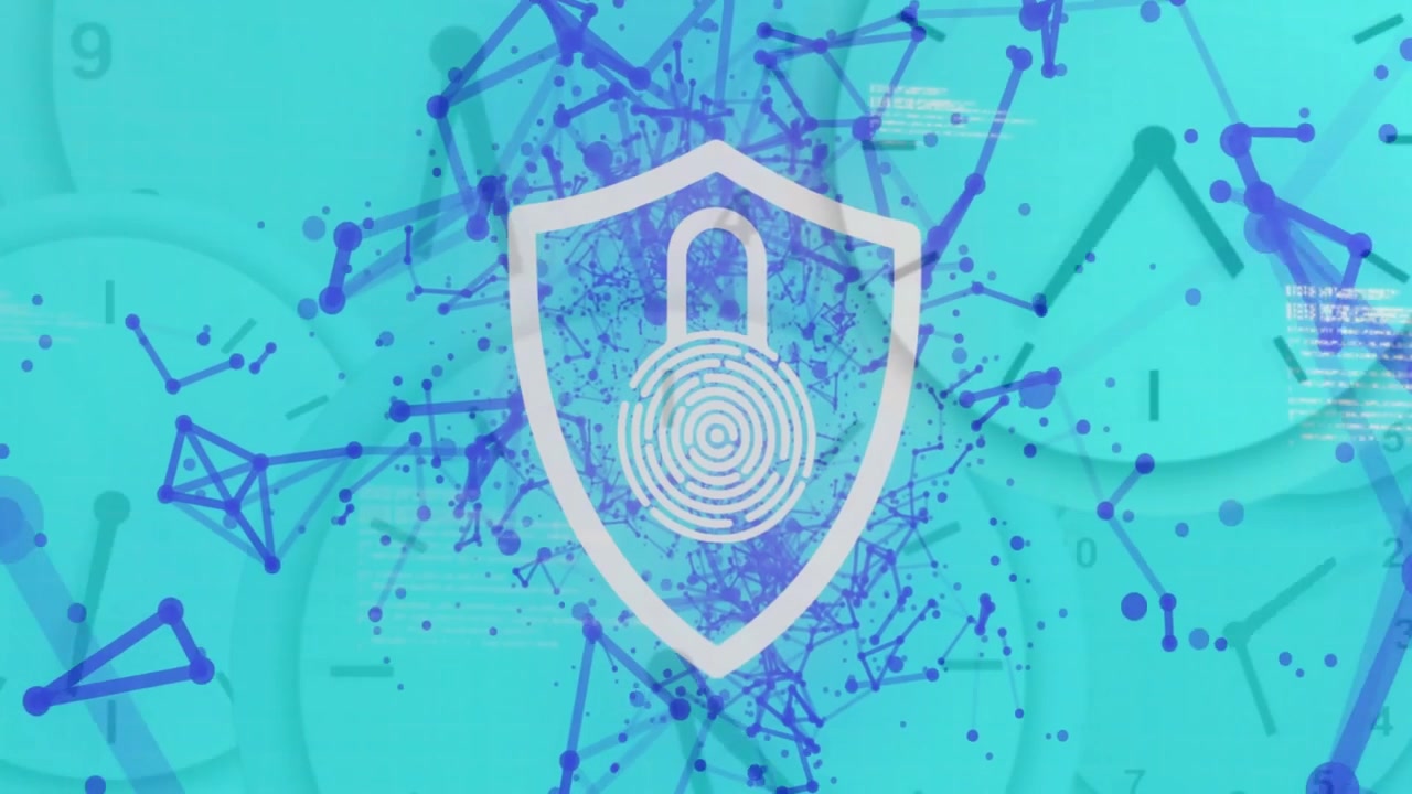Icono de escudo de seguridad digital con conexiones de red y fondo de reloj