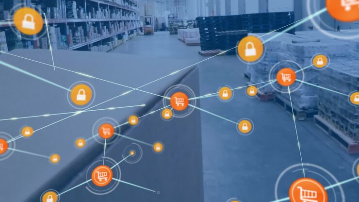 Animation of network of connections with icons over man working in warehouse