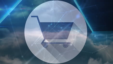 animation of qr code and shopping cart icon over network of connections and blue sky