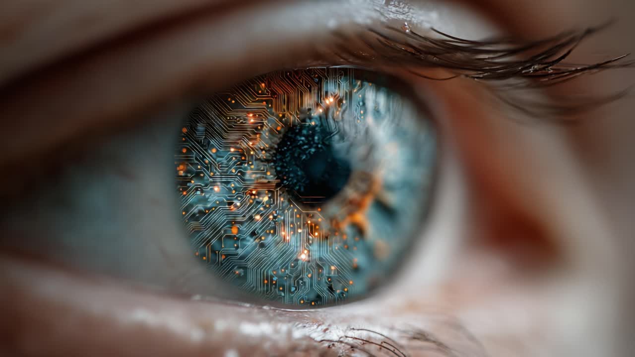 Ames Allure: A Close-Up Exploration of a Futuristic Eye Infused with Circuitry, Merging Organic and Technological Aesthetics in a Stunning Visual Narrative