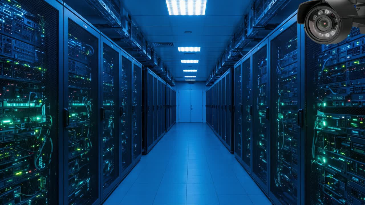 En højteknologisk datacentralkorridor, der viser moderne serverracks oplyst af blåt LED-lys og med avanceret overvågningskamerateknologi.