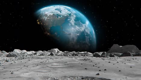 earth as viewed from moon surface. the surface of the moon, strewn with small rocks and sand. flight over moon craters. moon surface, desert, cliffs, sand. conception space abstract background.