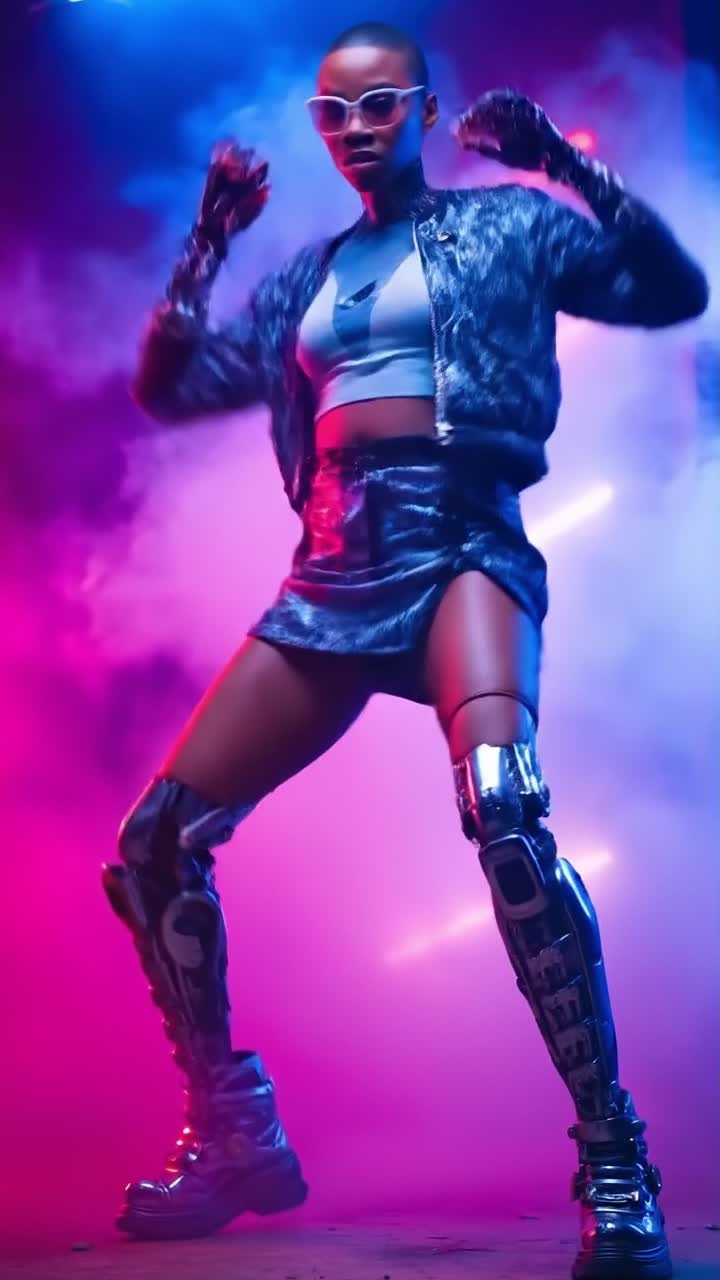 Futuristic Cyborg Dancer in Neon Club Lighting and Smoke