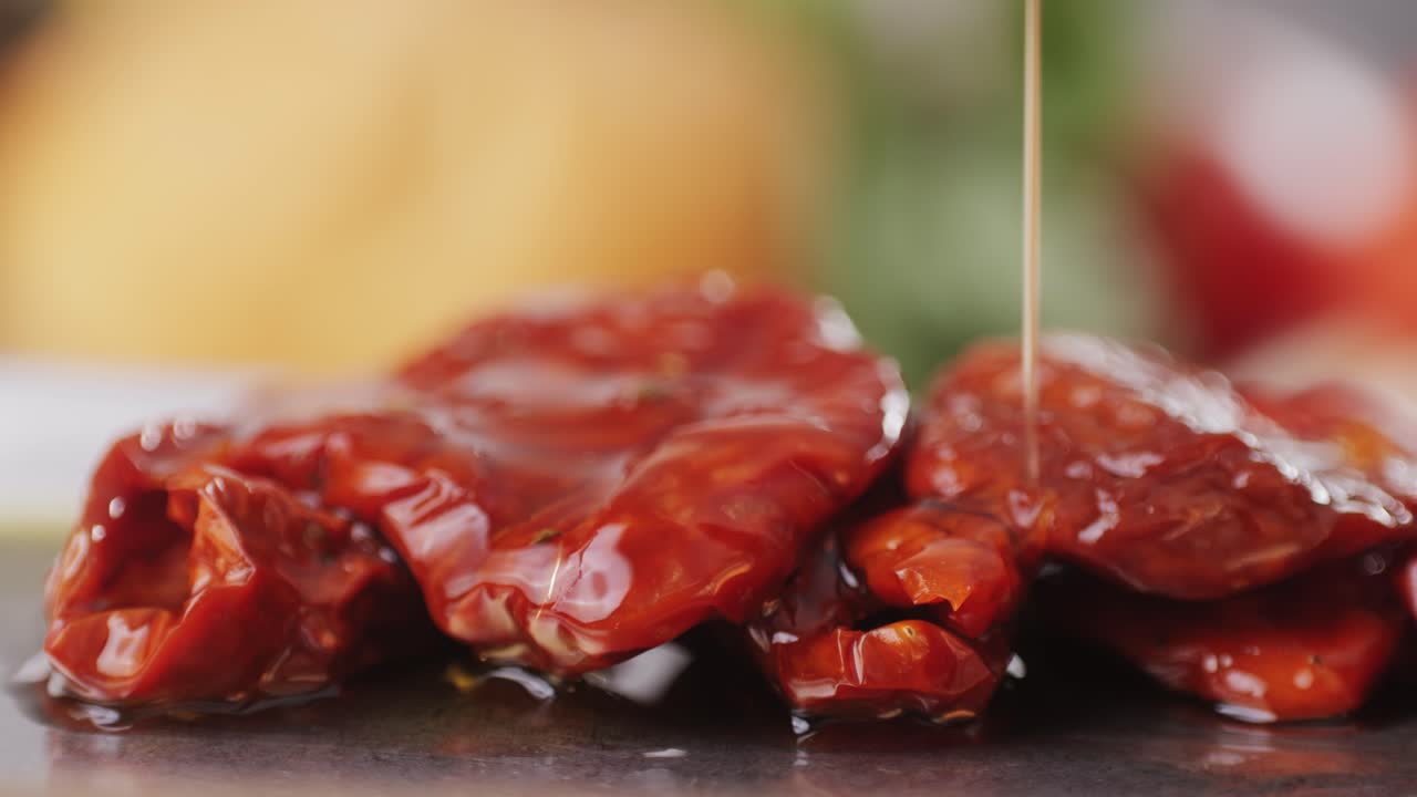 Dried tomatoes close up, Italian restaurant with traditional food, Spanish cuisine, delicious tapas and white wine, bruschetta with cheese, olives dry tomatoes and tasty sandwich bar appetizer, buffet