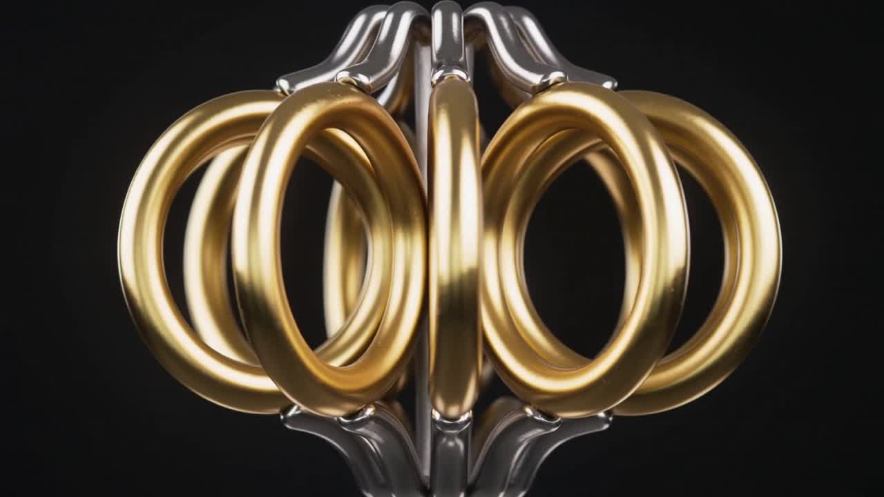 Video verticale: Anelli d'oro che ruotano attorno a un mozzo d'argento nel design, un motore che genera bagliori che mostrano la forma.