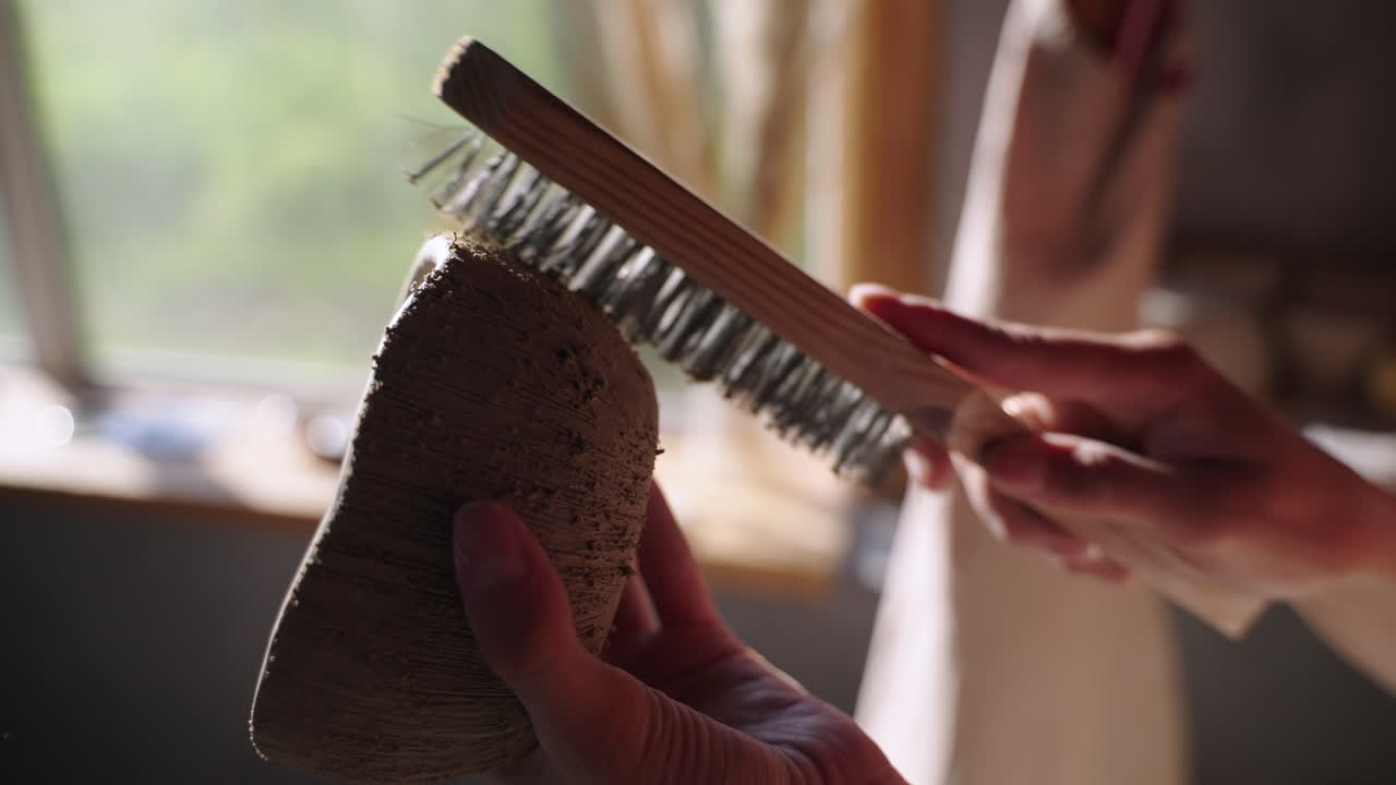 limpiando una olla de arcilla