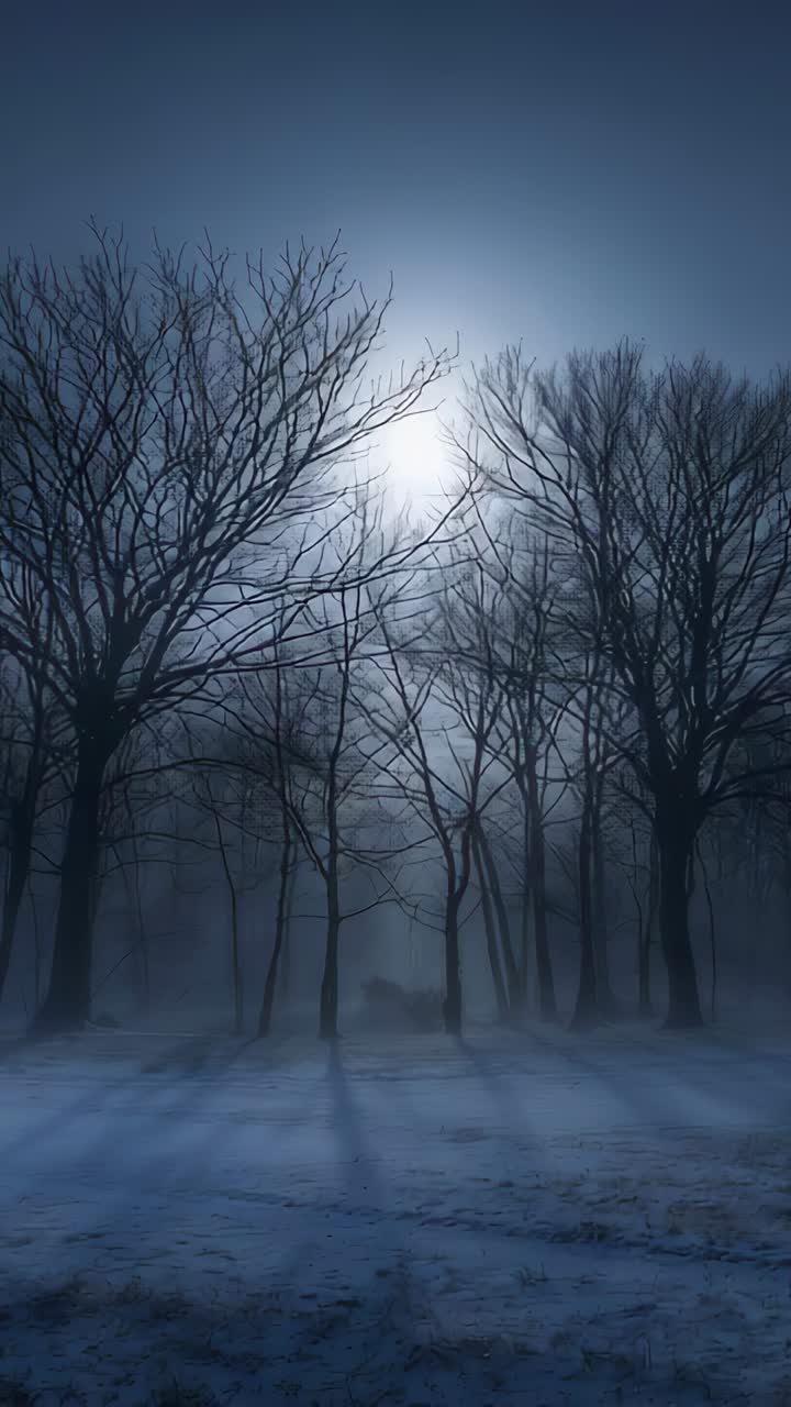 Vertical video: Casting shadows, leafless trees shifting, moonlight rising, fog thinning over snow