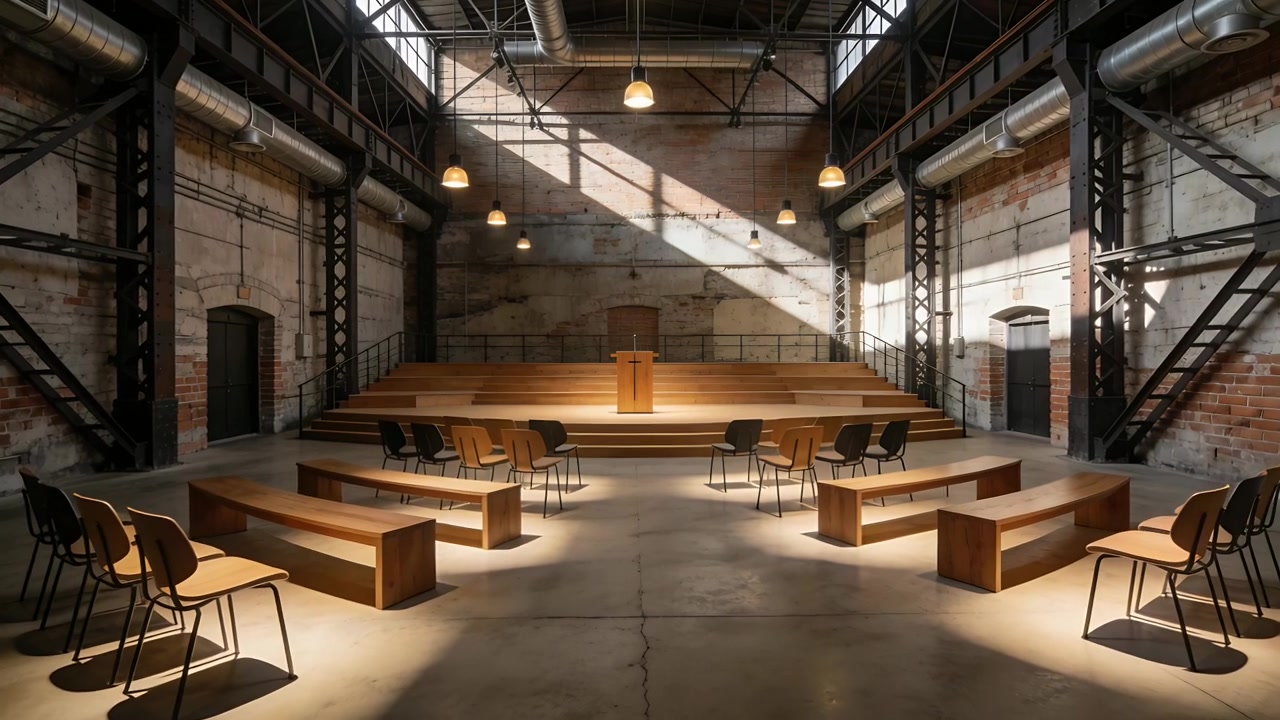 Moving camera revealing lectern with cross and front benches in converted hall, showing empty space