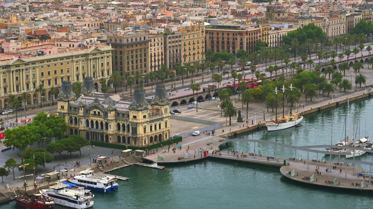 Aerial drone view of the Junta d'Obres del Port building in Barcelona, Spain