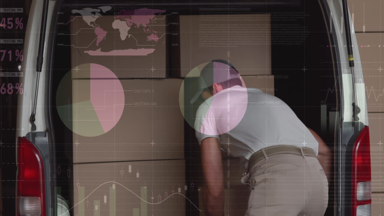procesamiento de datos estadísticos contra el repartidor caucásico que quita cajas de su furgoneta de reparto