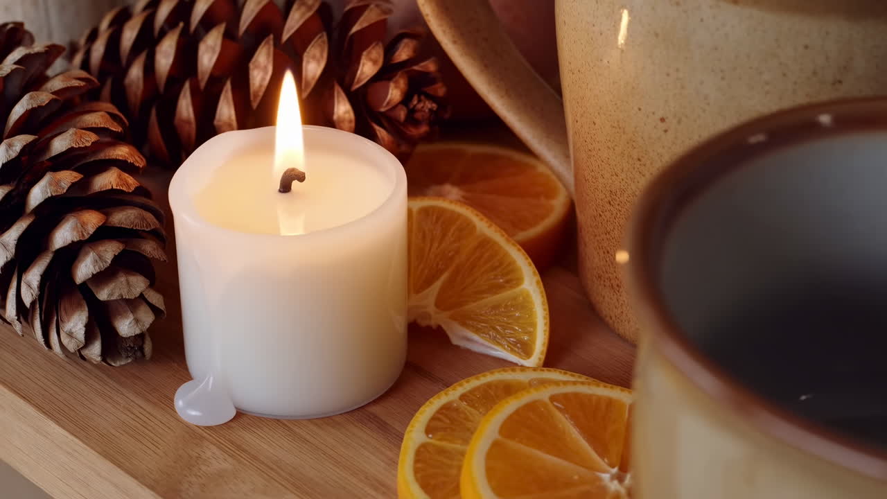 Pemandangan nyaman diterangi lilin dengan cangkir, jeruk, buah pinus, dan minuman hangat di atas talenan kayu, nyala api yang berpijar dan lilin yang meleleh.