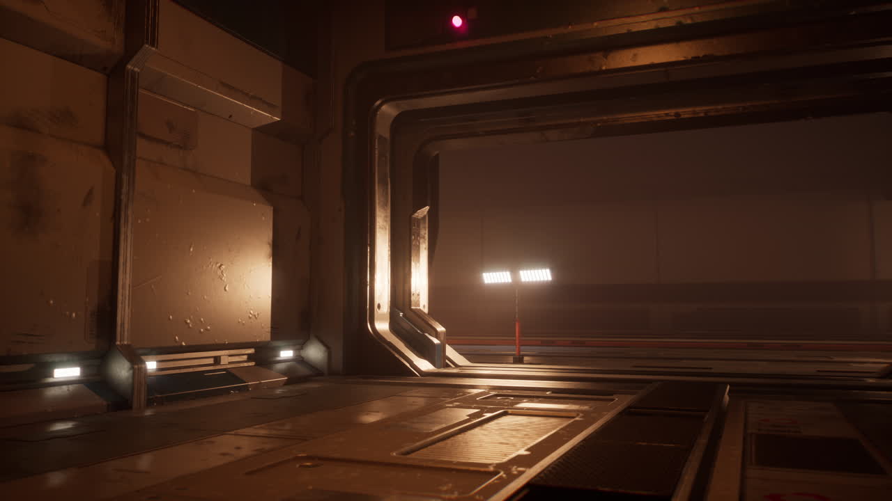 una vista por un pasillo oscuro y futurista de una nave espacial