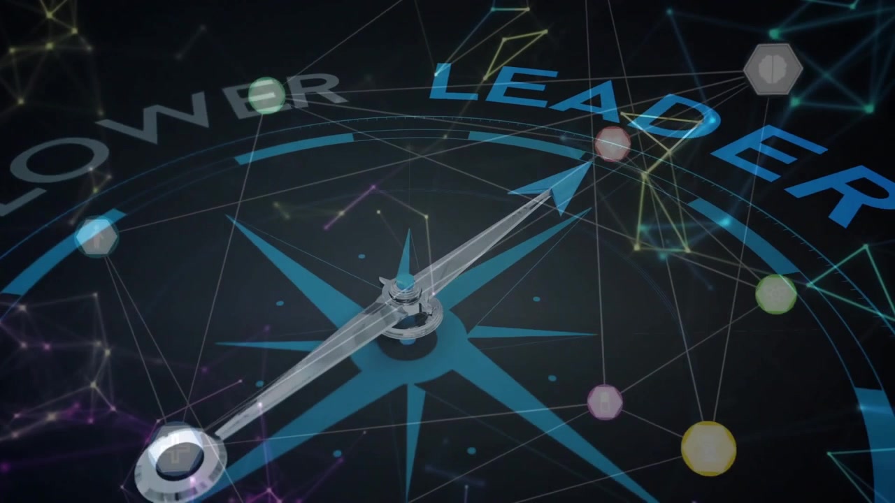 Glowing nodes causing compass rotating replacing FOLLOWER with LEADER in view activating network