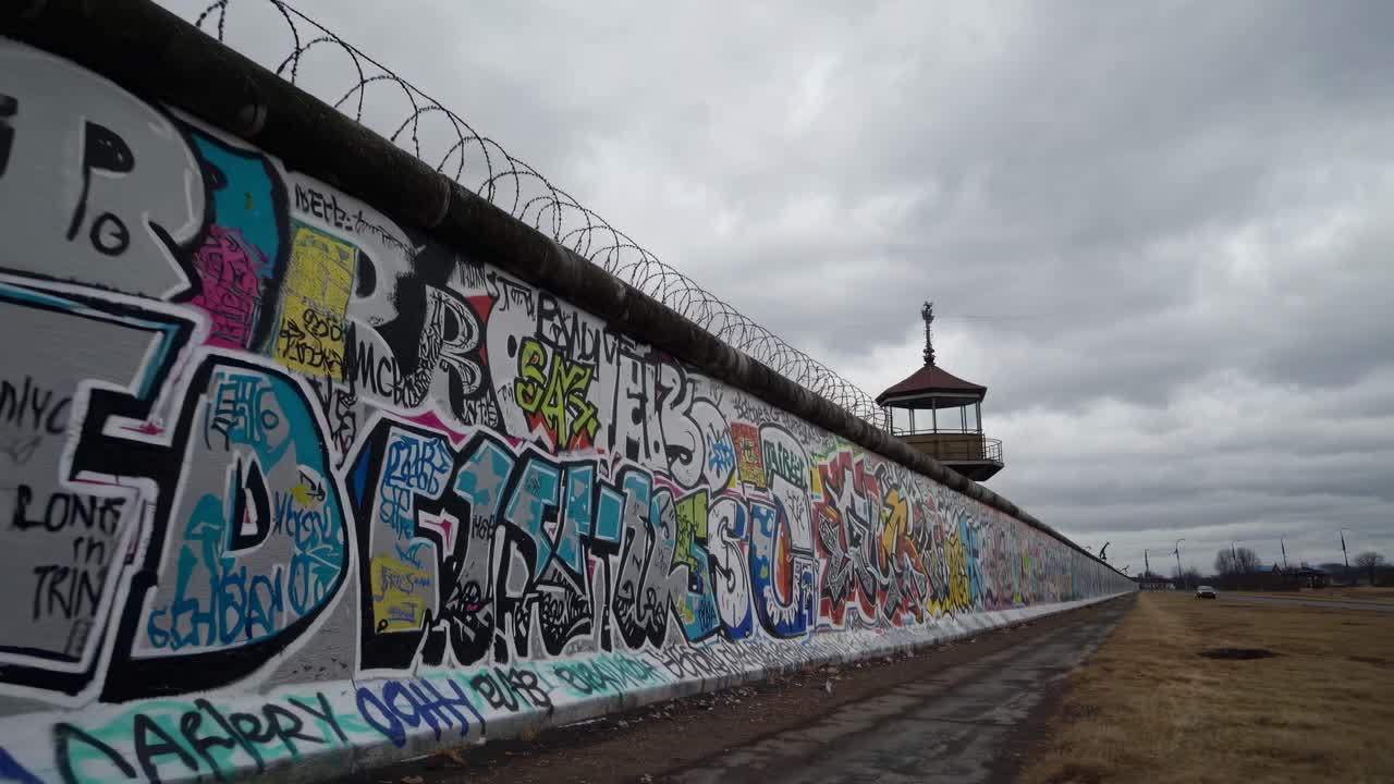 Wide-angle video shot of a graffiti-covered prison wall under a cloudy sky, showcasing urban art
