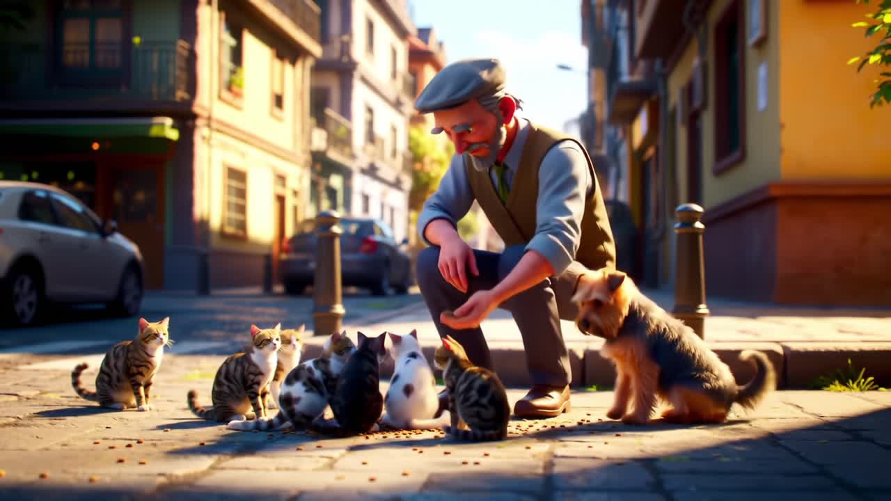 A Kind-Hearted Man Cares for a Group of Cats and a Dog on a Sunlit Street, Spreading Joy and Compassion in a Vibrant Neighborhood Environment