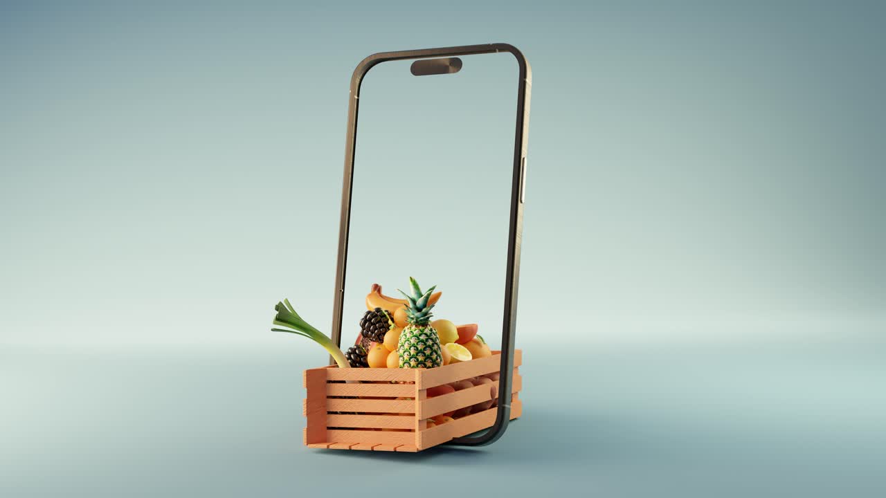 3d animation of mockup smartphone with ripe fruits and vegetables